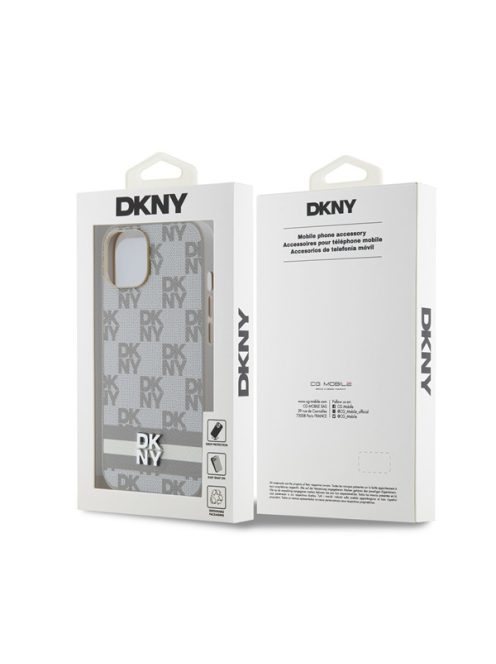 DKNY PU Leather Checkered Pattern and Stripe Apple iPhone 14 hátlap tok, bézs