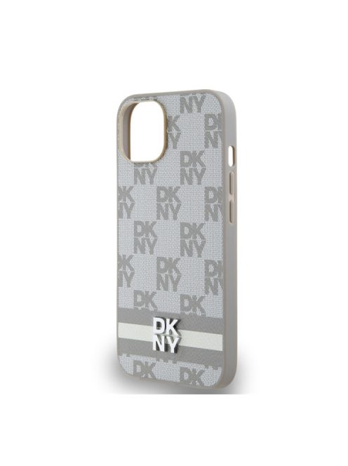 DKNY PU Leather Checkered Pattern and Stripe Apple iPhone 15 hátlap tok, bézs