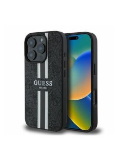   Guess 4G Printed Stripes MagSafe Apple iPhone 16 Pro hátlap tok, fekete/barna GUHMP16LP4RPSK