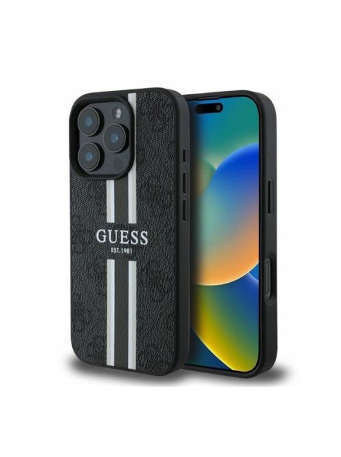 Guess 4G Printed Stripes MagSafe Apple iPhone 16 Pro hátlap tok, fekete/barna GUHMP16LP4RPSK