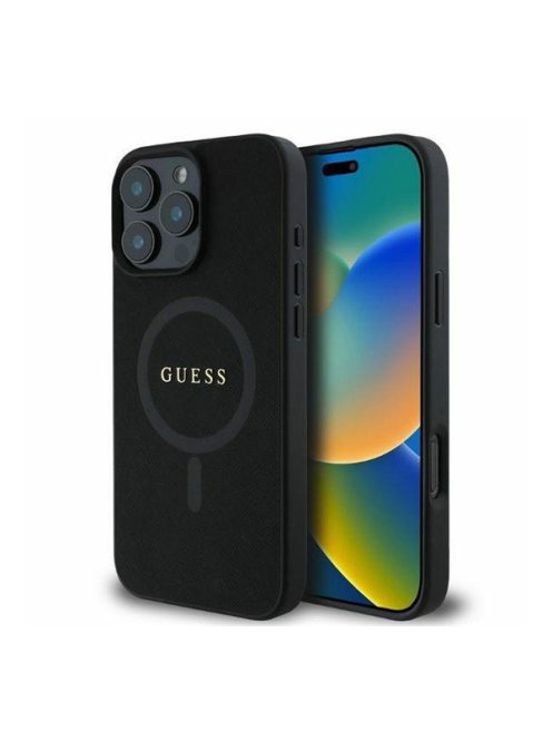 Guess Saffiano Classic Logo Apple iPhone 16 Pro Magsafe kompatibilis hátlap tok, fekete/barna GUHMP16LPSAHMCK