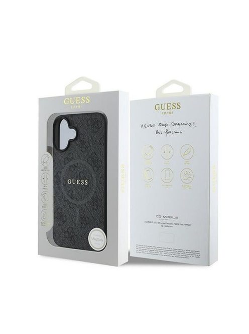 Guess 4G Ring Classic Logo Apple iPhone 16 Plus hátlap tok, fekete/barna GUHMP16MG4GFRK