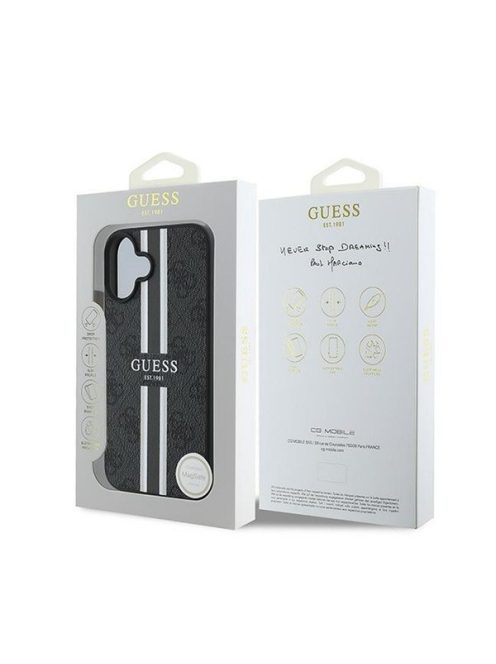 Guess 4G Printed Stripes MagSafe Apple iPhone 16 Plus hátlap tok, fekete/barna GUHMP16MP4RPSK