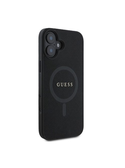 Guess Saffiano Classic Logo Apple iPhone 16 Plus Magsafe kompatibilis hátlap tok, fekete/barna GUHMP16MPSAHMCK