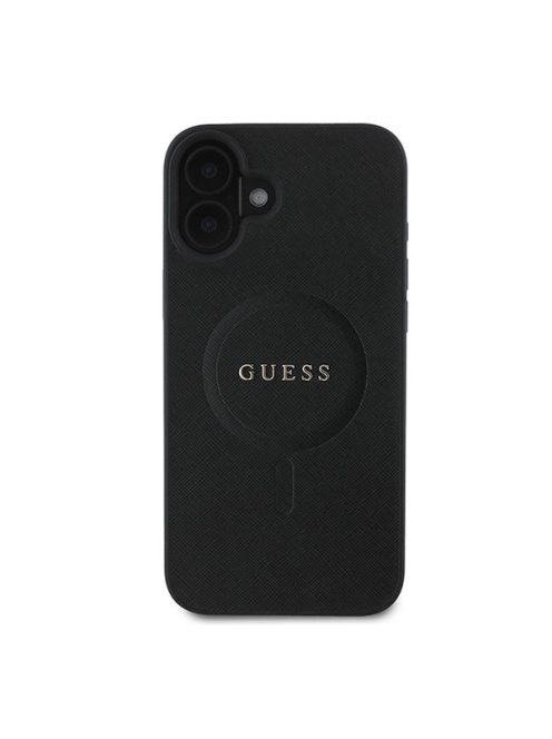 Guess Saffiano Classic Logo Apple iPhone 16 Plus Magsafe kompatibilis hátlap tok, fekete/barna GUHMP16MPSAHMCK