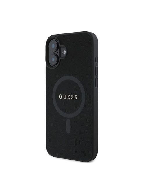 Guess Saffiano Classic Logo Apple iPhone 16 Plus Magsafe kompatibilis hátlap tok, fekete/barna GUHMP16MPSAHMCK