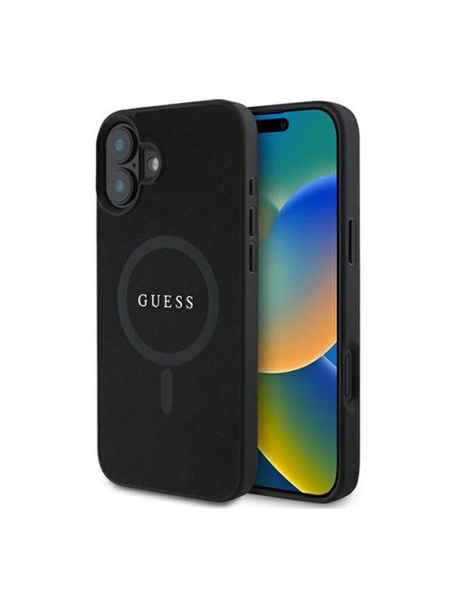 Guess Saffiano Classic Logo Apple iPhone 16 Plus Magsafe kompatibilis hátlap tok, fekete/barna GUHMP16MPSAHMCK