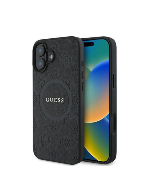 Guess Saffiano Peony Classic Logo Apple iPhone 16 Plus hátlap tok, fekete/barna GUHMP16MPSAPSMEK