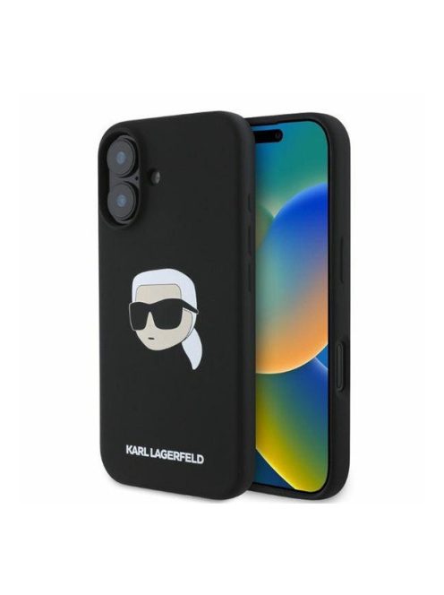 Karl Lagerfeld Silicone KL Head Print Apple iPhone 16 hátlap tok, fekete KLHMP16SSKHPPLK