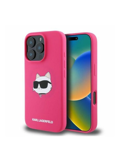 Karl Lagerfeld  Silicone Choupette Head Print Apple iPhone 16 Pro Max Magsafe kompatibilis hátlap tok, rózsaszín 