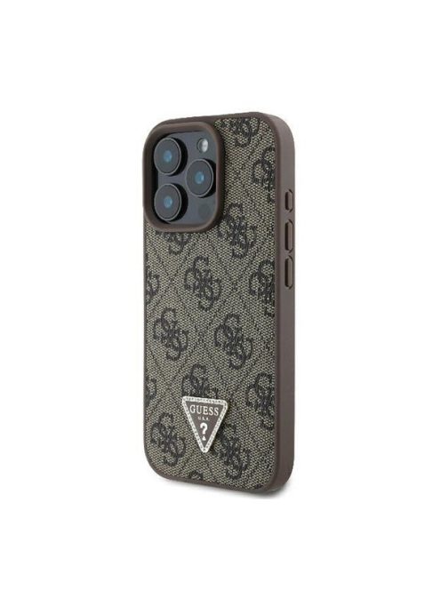 Guess PU 4G Strass Triangle Metal Logo Apple iPhone 16 Pro Max hátlap tok, barna