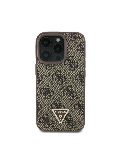 Guess PU 4G Strass Triangle Metal Logo Apple iPhone 16 Pro Max hátlap tok, barna