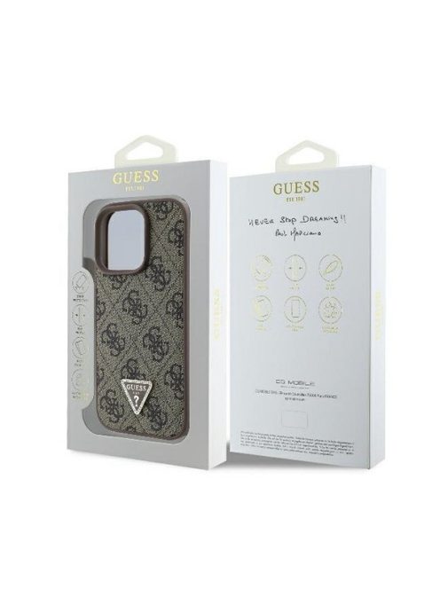 Guess PU 4G Strass Triangle Metal Logo Apple iPhone 16 Pro Max hátlap tok, barna