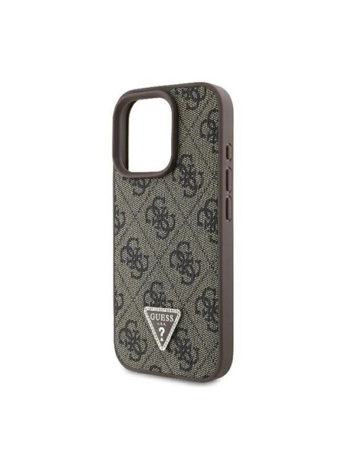 Guess PU 4G Strass Triangle Metal Logo Apple iPhone 16 Pro Max hátlap tok, barna