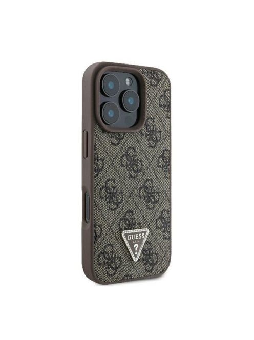 Guess PU 4G Strass Triangle Metal Logo Apple iPhone 16 Pro Max hátlap tok, barna