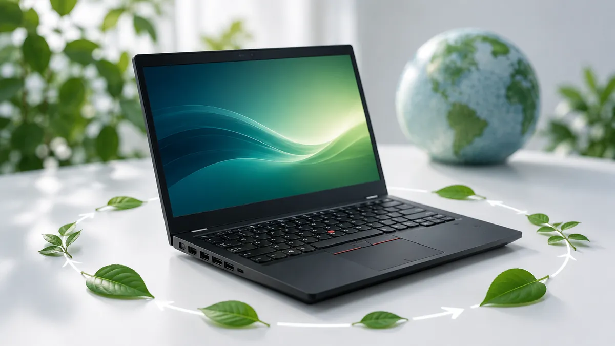 Felújított laptop környezettudatos választása — körkörös gazdaság szimbóluma zöld levelekkel