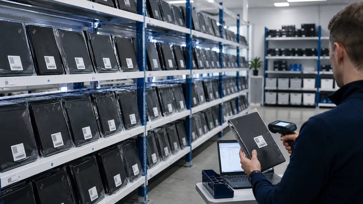 Nagyvállalati IT-raktár — felújított laptopok rendezett polcokon QR-kódos leltár-címkékkel