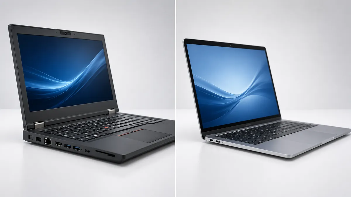 Felújított üzleti laptop és új fogyasztói laptop oldalnézet összehasonlítása